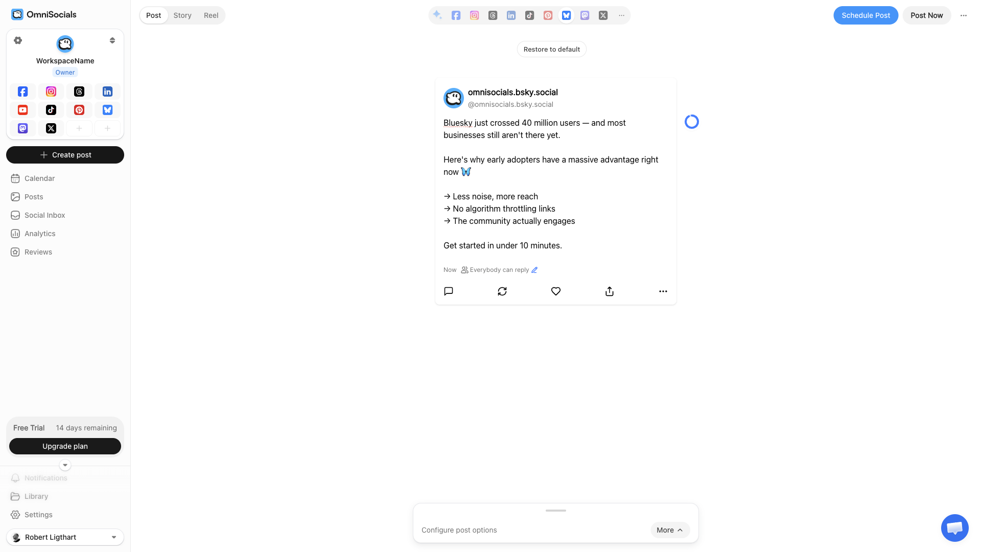 OmniSocials post composer with Bluesky preview showing a scheduled post with engagement tips