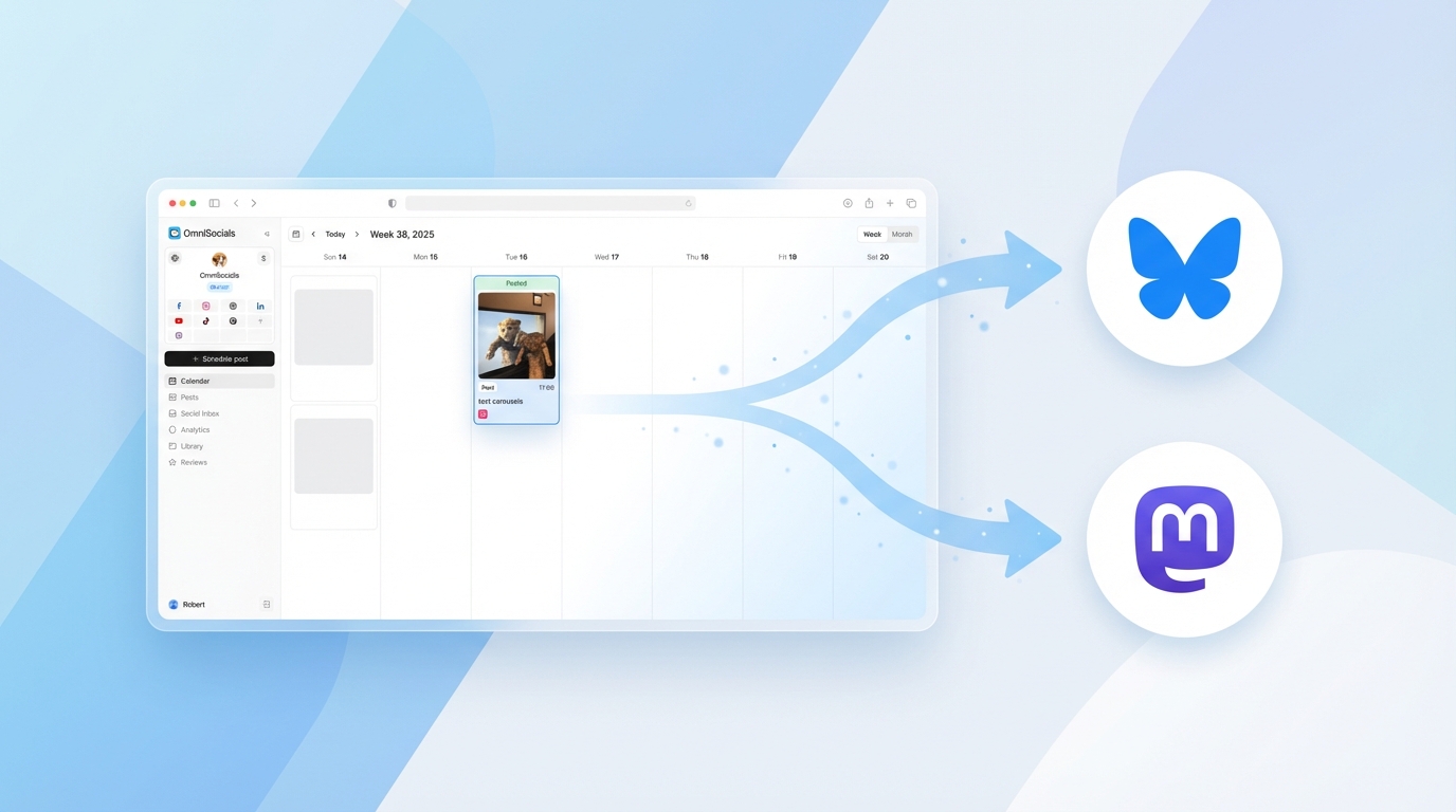 OmniSocials cross-posting interface showing Bluesky and Mastodon previews