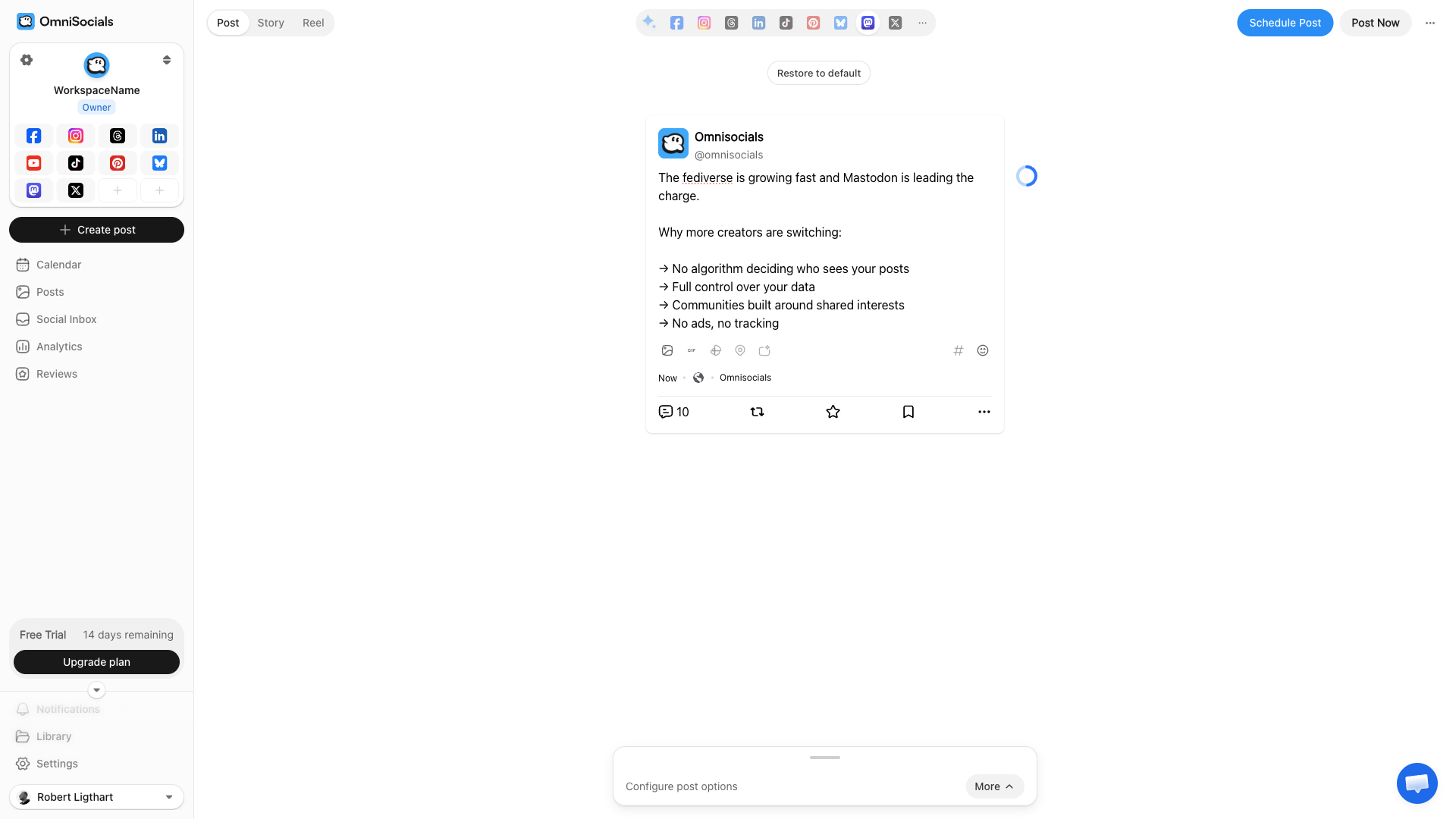 OmniSocials post composer with Bluesky and Mastodon selected