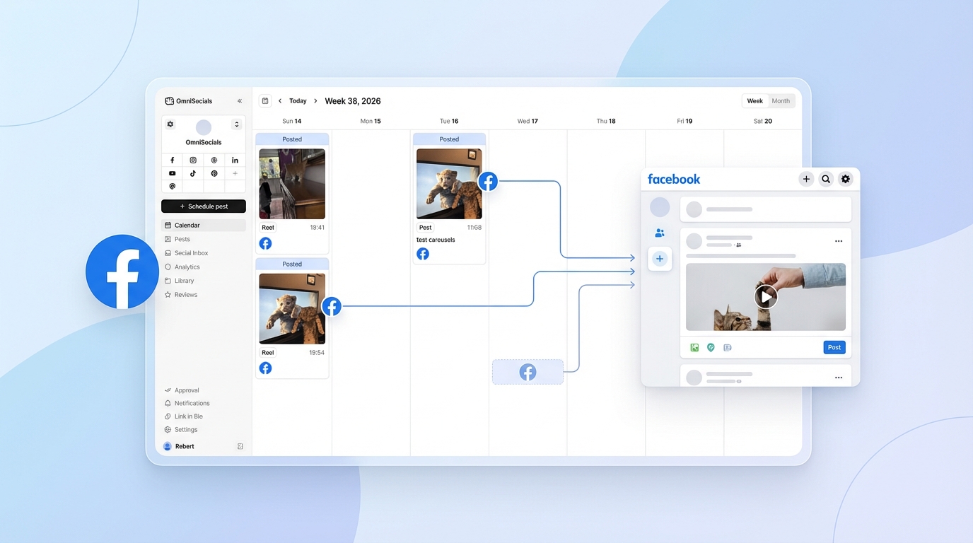 Dark gradient branded image with title 'How to Schedule Facebook Posts' showing Facebook interface with calendar and scheduling icons