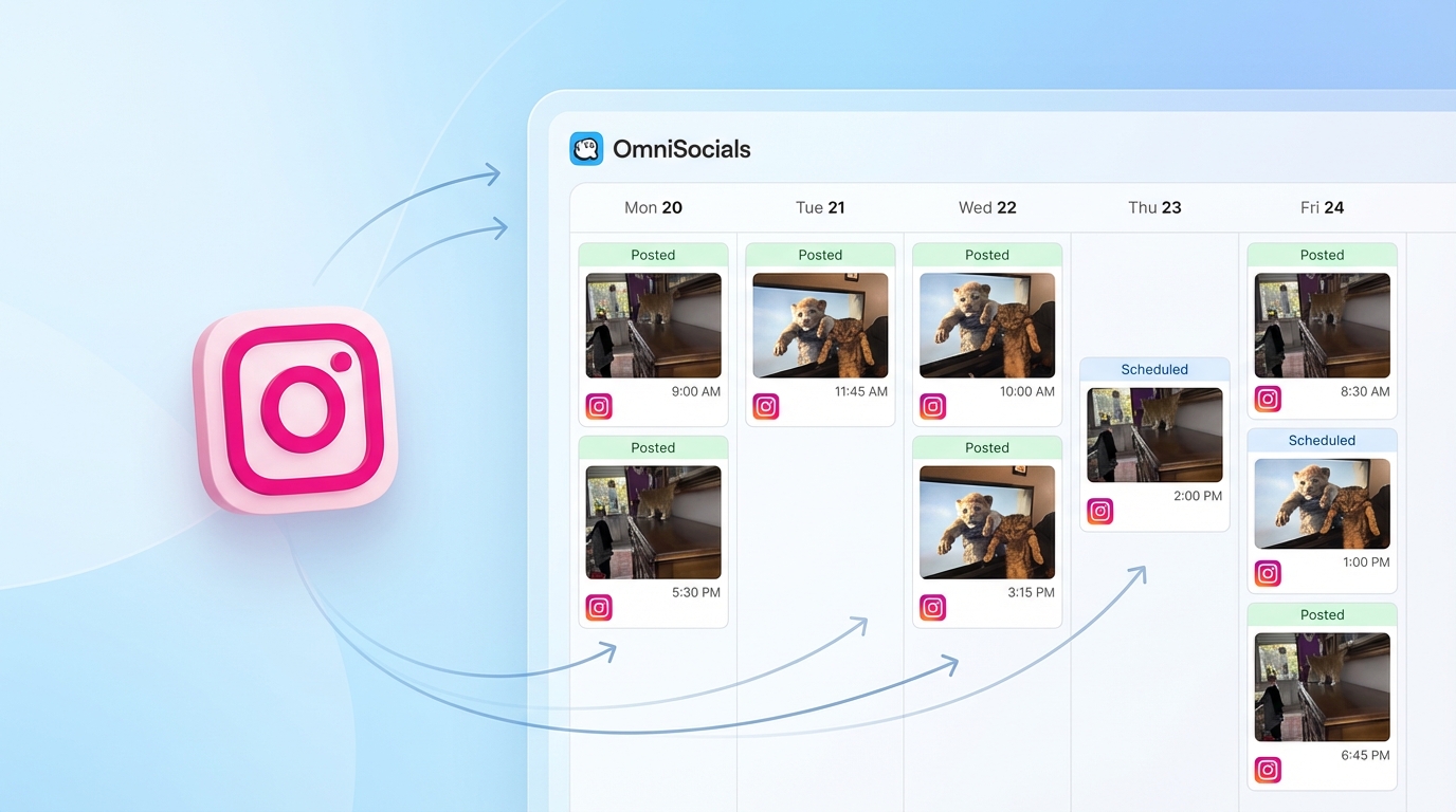 How to Schedule Instagram Posts featured image with Instagram interface, calendar, and clock icons on dark gradient background
