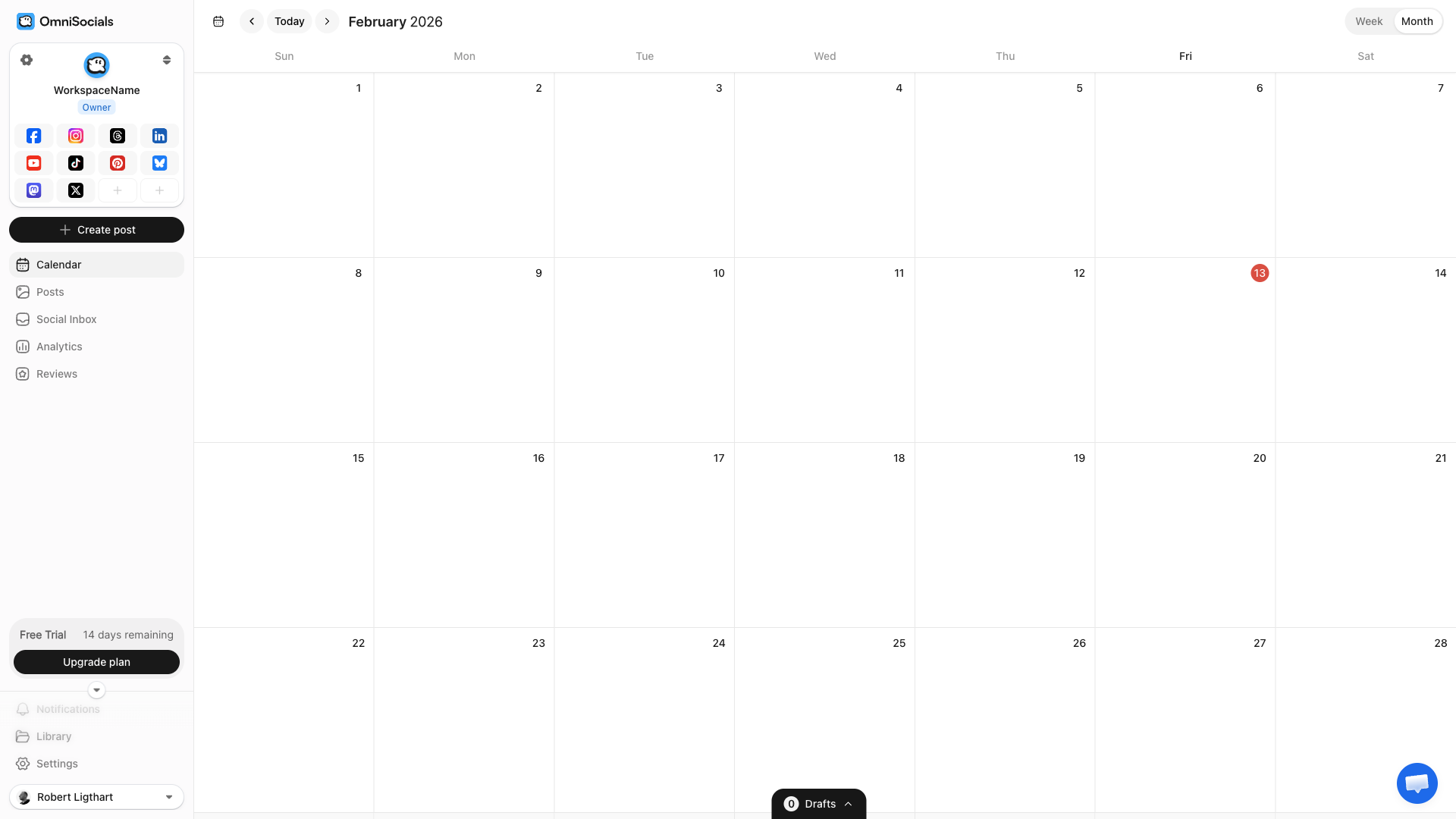 OmniSocials calendar month view showing scheduled Threads posts