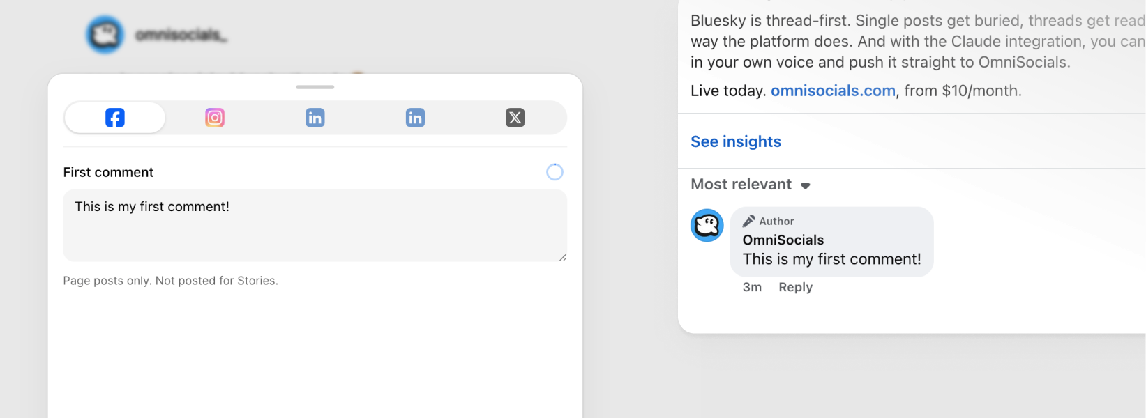 Automatic first comment in OmniSocials