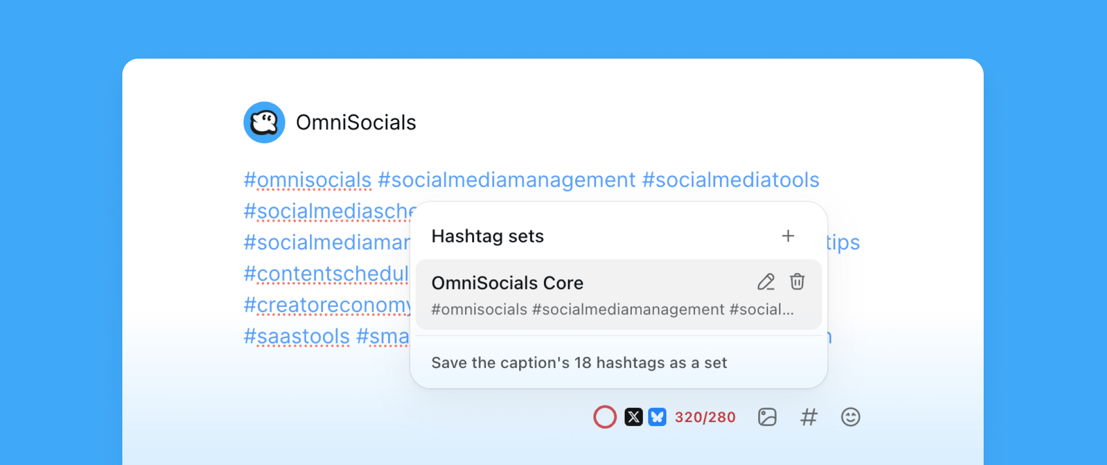 The hashtag sets panel in the OmniSocials composer, with a saved set and the option to save the caption's hashtags as a set