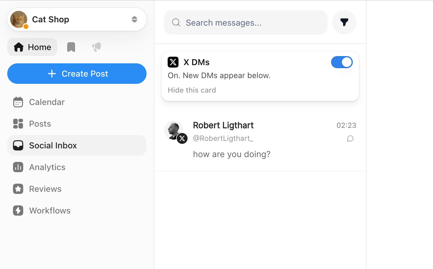 X DMs turned on in the OmniSocials Social Inbox, with a new message landing in the list
